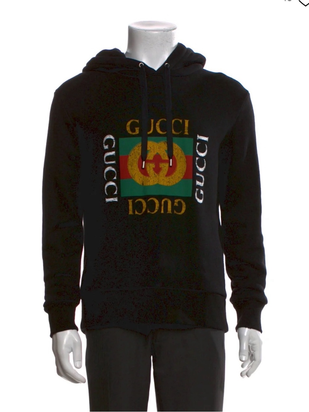 Gucci Black Hoodie with Green & Red Logo Print (Size Small)